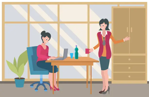 Vector illustration of Office workers. In team meeting, feedback shared and constructive discussions take place Office workers maintain