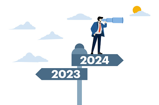 Businessman with telescope standing and looking into the distance at abstract direction signs 2023, 2024, Business Strategy Development in the New Year 2024, Planning and Setting Business Goals.