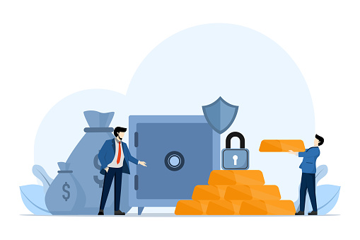 Invest Gold concept, gold bars with pile of coins, people invest their money in gold, safe haven in financial crisis or wealth management and asset allocation, Investment. Vector flat illustration.