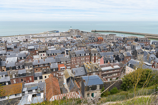 Le Treport, France - July 13, 2022: The city of Le Treport on a sunny day in summer, aerial view