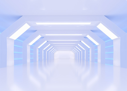 3D rendered Illustration of illuminated futuristic spaceship corridor
