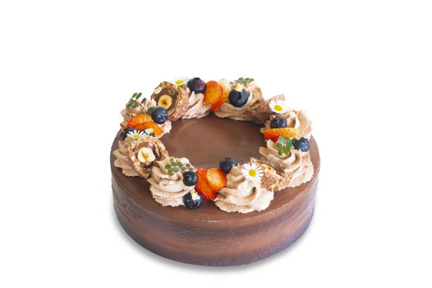 istock Homemade dark chocolate fudge cake on white isolated background with clipping paths. Plain sponge cake frosting with chocolate to present. Bakery concept for birthday cake or valentine dessert. 1798077884