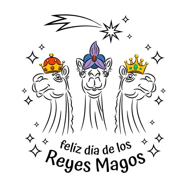 Vector illustration of Feliz dia de los reyes magos 3 camels with three kings crowns