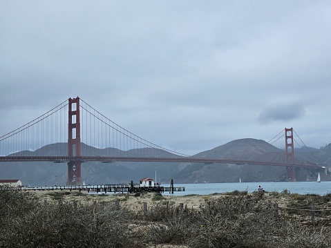 View of Golden gate bridge in San Francisco California from the shoreline of the bay