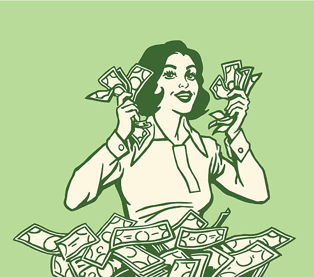 ilustrações, clipart, desenhos animados e ícones de mulher feliz com um monte de dinheiro - greed