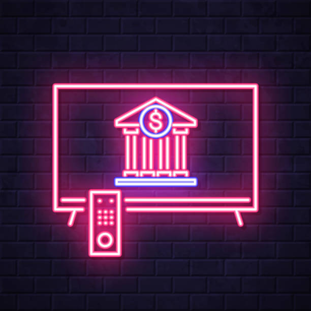 TV with bank. Glowing neon icon on brick wall background Icon of "TV with bank" in a realistic neon sign style. The icon is created with pink and purple/blue glowing neon lights on a dark brick wall. Modern and trendy illustration with beautiful bright colors. Vector Illustration (EPS file, well layered and grouped). Easy to edit, manipulate, resize or colorize. Vector and Jpeg file of different sizes. smart tv on wall stock illustrations