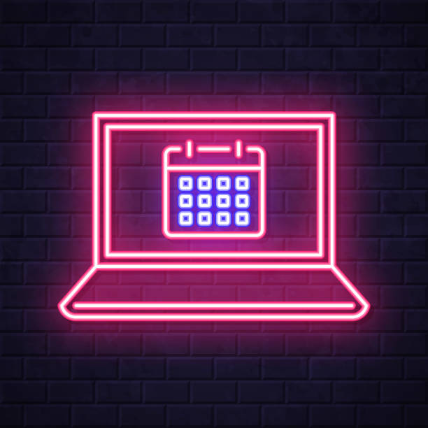 istock Laptop with calendar. Glowing neon icon on brick wall background 1798148742