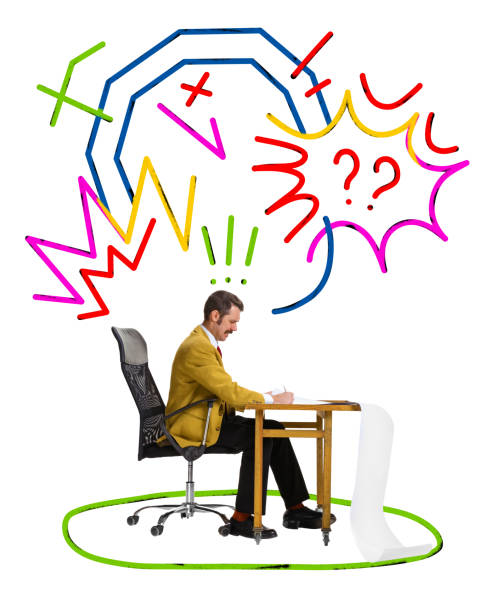 istock Contemporary art collage. Man sitting at table and doing his work tasks while deadlines burns. Modern colorful abstract scribble drawings. 1798150369