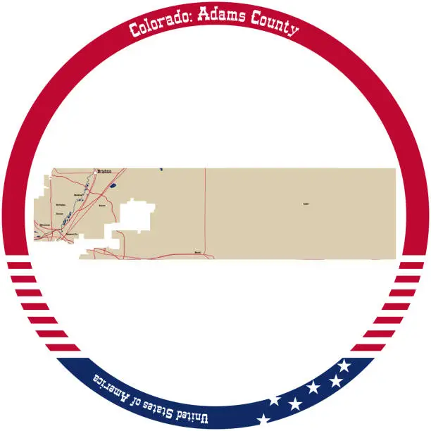Vector illustration of Map of Adams County in Colorado, USA arranged in a circle.