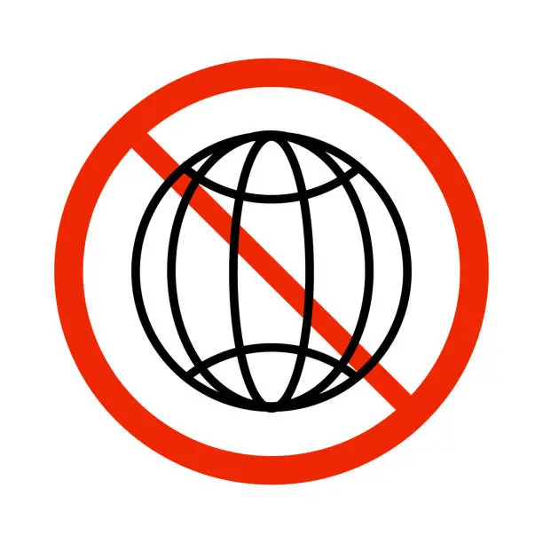 Vector illustration of Not connected to web, not connected to internet sign isolated on white background. Earth globus icon in circle red sign.