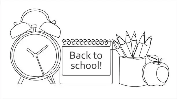 Vector illustration of Back to school. One continuous line drawing of pencil case, alarm clocks and calendar on office desk. Stationery for study and tidy on the table. Happy study. Smart education concept vector.