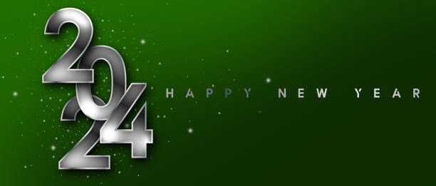 istock Happy New Year 2024. Shiny silver metallic numbers on green background 1798174566