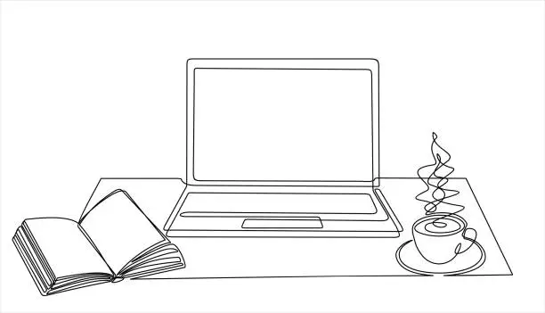 Vector illustration of One continuous line drawing of computer laptop, book and a cup of coffee. Study space desk concept. Single line draw design vector illustration