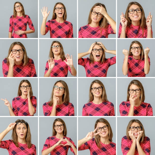 Set of beautiful girl with different facial expressions Set of beautiful girl in red dress with different facial expressions isolated sequence dress stock pictures, royalty-free photos & images