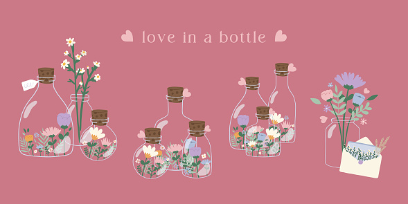 Hand drawn vector illustration set of different glass bottles with flowers inside. Valentine, birthday, present, mother's day theme. Spring blossom flowers. For card, sticker, invitation, social media