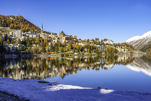 The town and lake of Santk Moritz in winter. Engadin, Switzerland.