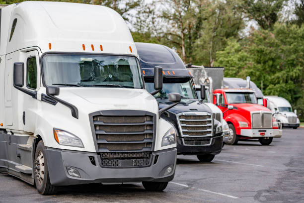 istock Different big rig industrial pro semi trucks with loaded semi trailers standing in row on the rest area truck stop parking lot take a break for truck driver rest 1798208438
