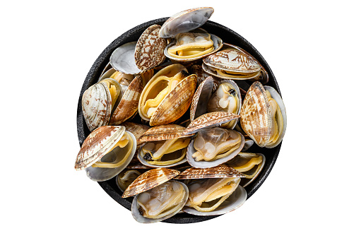 Cooked Clams vongole in a pan.  Isolated, white background. Top view