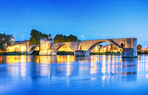 Pont d'Avignon (Pont Saint-Benezet) bridge over Rhone River at sunset, France