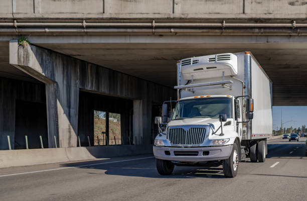 istock Day cab middle duty rig semi truck transporting cargo in refrigerated box trailer running on the road under the bridge 1798220815