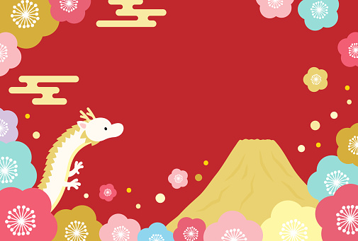 Japanese New Year's card template with a dragon and Mt. Fuji