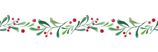Christmas border Watercolor seamless Christmas seamless border. Illustration with green branches and red berries. Horizontal border for the design of Christmas and New Year packaging. Postcard, congratulations. bunch of flowers images pictures stock illustrations