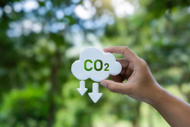 рука, держащая символ значка co2. нулевой уровень выбросов и углеродный след для сокращения выбросов, углеродной нейтральности, ограничения - уменьшение стоковые фото и изображения