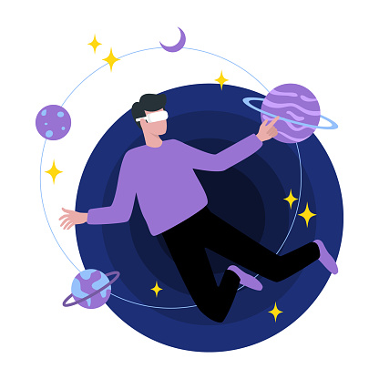 Cartoon character in VR glasses flying with planets, traveling in virtual space. People in virtual reality concept. Flat vector illustration in blue and purples colors