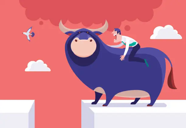 Vector illustration of businessman riding bull and screaming on cliff