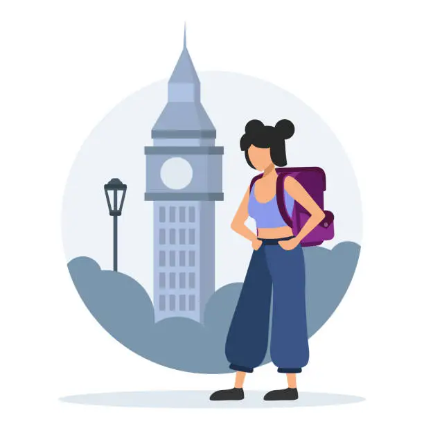 Vector illustration of Active woman standing with backpack near Big Ben. Travel and tourism concept