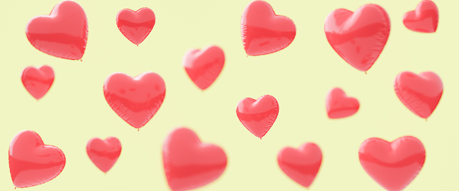 A 3D rendering of multiple red heart-shaped balloons with a soft focus, set against a gentle yellow backdrop.
