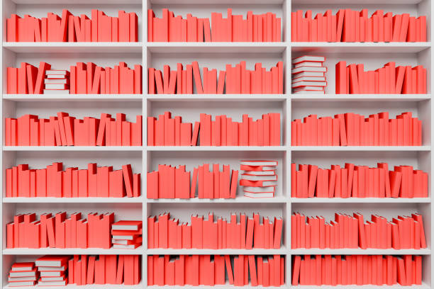 A 3D rendering of an organized array of red books on white shelves, with a uniform color scheme creating a visually striking modern library aesthetic.