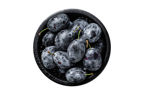 istock Garden blue plums in a colander.  Isolated, white background. 1798267898
