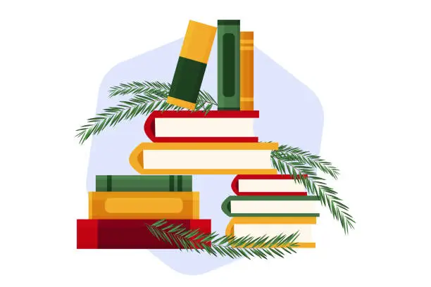 Vector illustration of Christmas books with Christmas tree branches. I like to read. Fairy tales and stories about New Year. Vector