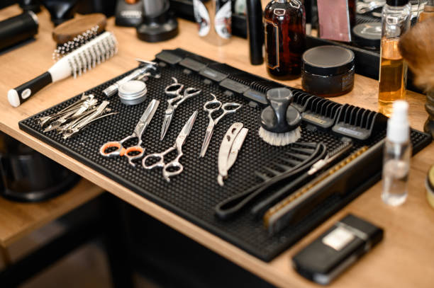 istock Barbers tools for mens haircuts laid out on a table 1798286486