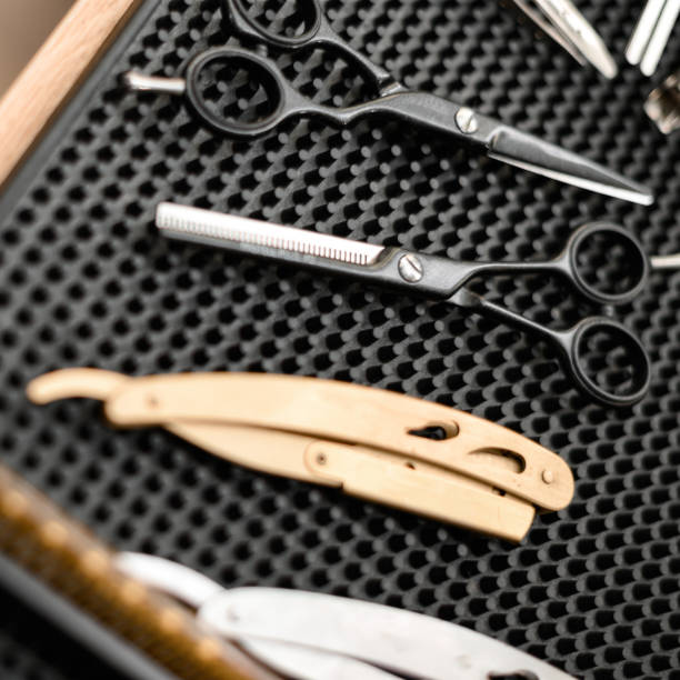 istock Barbers tools for mens haircuts laid out on a table 1798287232