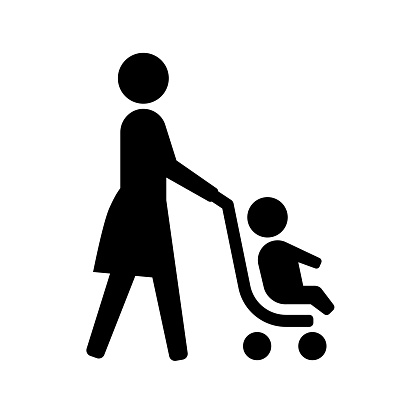 Public icon with stroller and mother, baby, symbol, pictogram, sign, people, woman