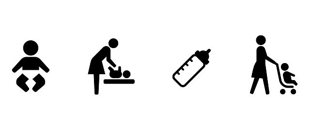 Public icon such as stroller and baby, changing diaper, symbol, pictogram, sign, people, woman, wife