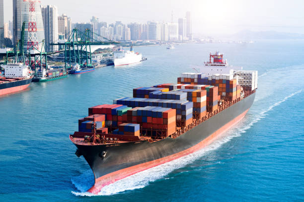 istock Large cargo container ship arriving in port 1798297344