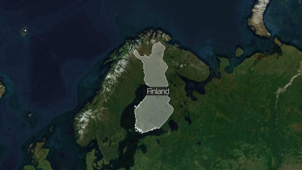finland explorer: bandera de los mapas de identificación del país - satellite view topography aerial view mid air fotografías e imágenes de stock