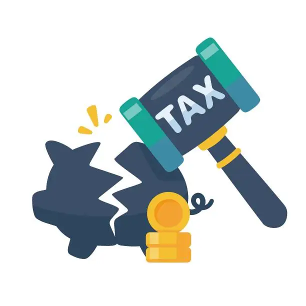 Vector illustration of The hammer that breaks the piggy bank to pay taxes at the end of the year.