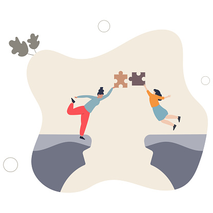Bridging the gap and overcome couple relationship problem.Communication link and puzzle pieces connection as solution for settlement.flat vector illustration.