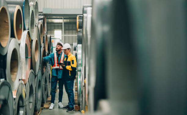 istock Metal sheet workers perform routine quality checking, enhancing assurance in roofing infrastructure 1798334759