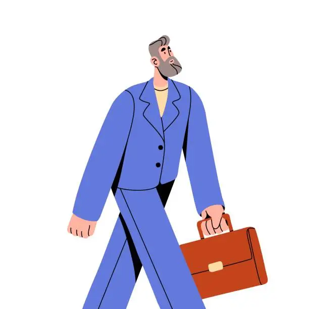 Vector illustration of Elderly businessman with briefcase walking. Leader, business man carrying portfolio in hand. Senior employee, worker in office suit strolling. Flat isolated vector illustration on white background
