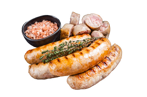Roasted Bratwurst and Bockwurst pork meat sausages in a plate.  Isolated, white background
