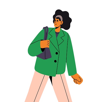 Fashion businesswoman carrying shoulder bag. Business woman wearing bright jacket, office outfit. Young worker, employee walking, turns around, looking back. Flat isolated vector illustration on white.