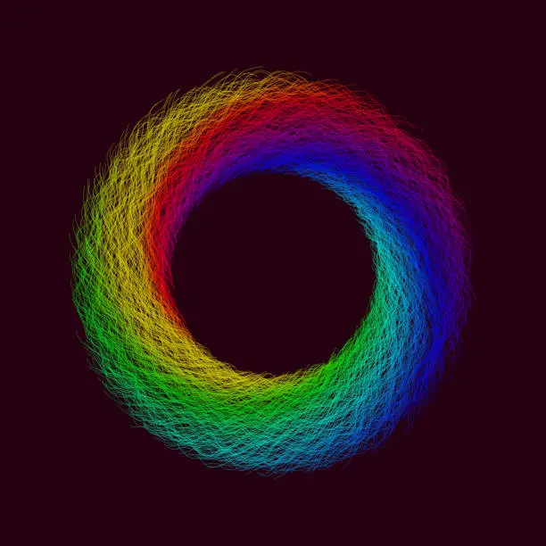 Vector illustration of A luminous, fuzzy rainbow ring on a dark background.