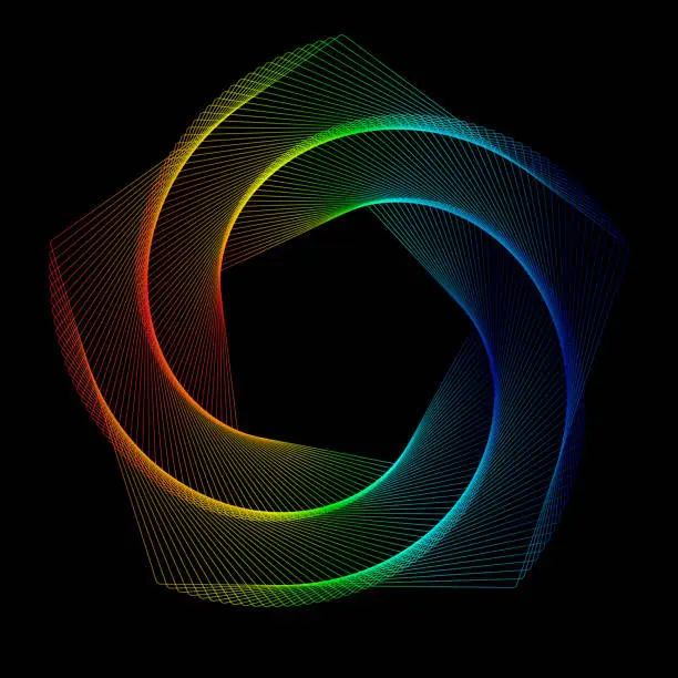 Vector illustration of A colorful geometric spiral of thin lines in a seamless loop on black.