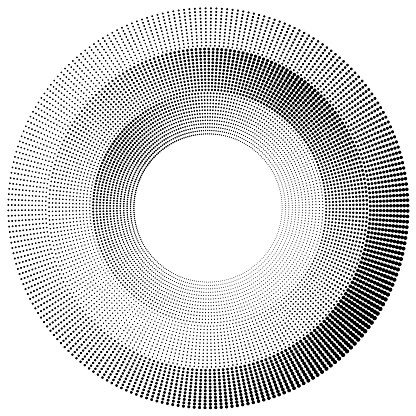 This graphic image features a halftone circular pattern, where the black dots densely packed at the outer edge gradually become sparser towards the center, creating a striking contrast on a white background.