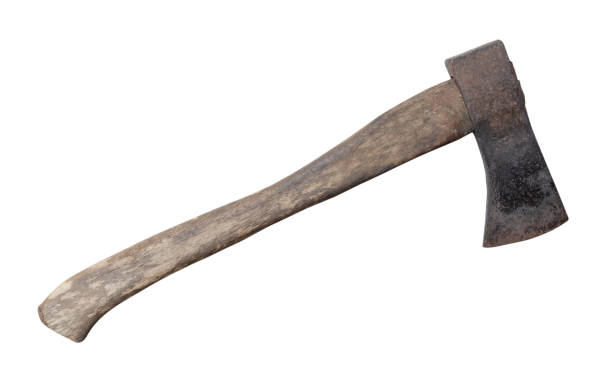 istock Old rust dirty dark gray axe with brown wooden handle isolated on white background with clipping path 1798347941
